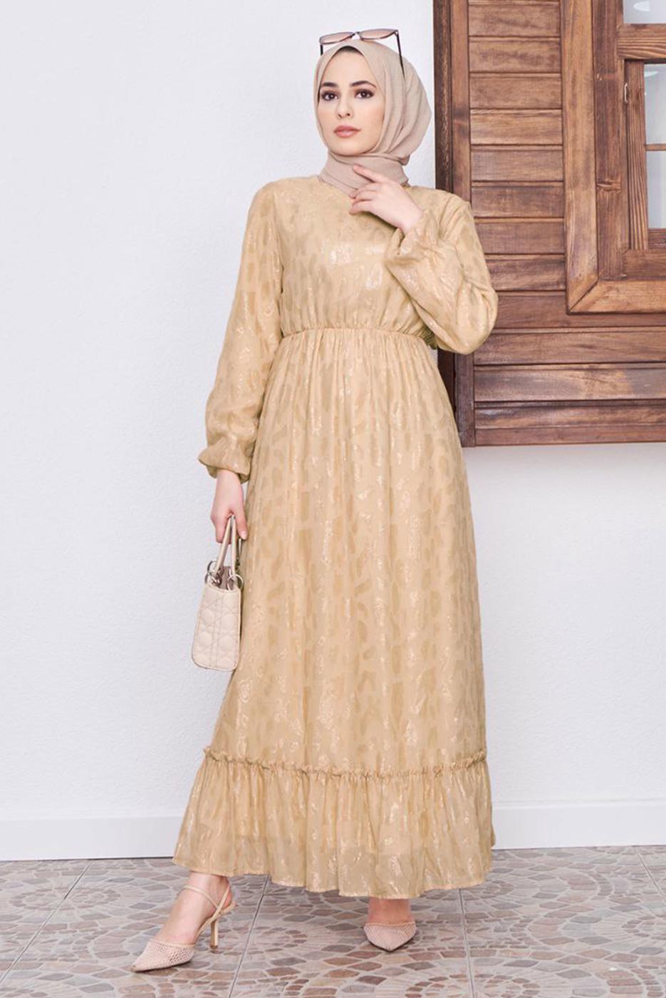 Tesettür giyim KAHVE DESENLİ SİMLİ ELBİSE 6601 