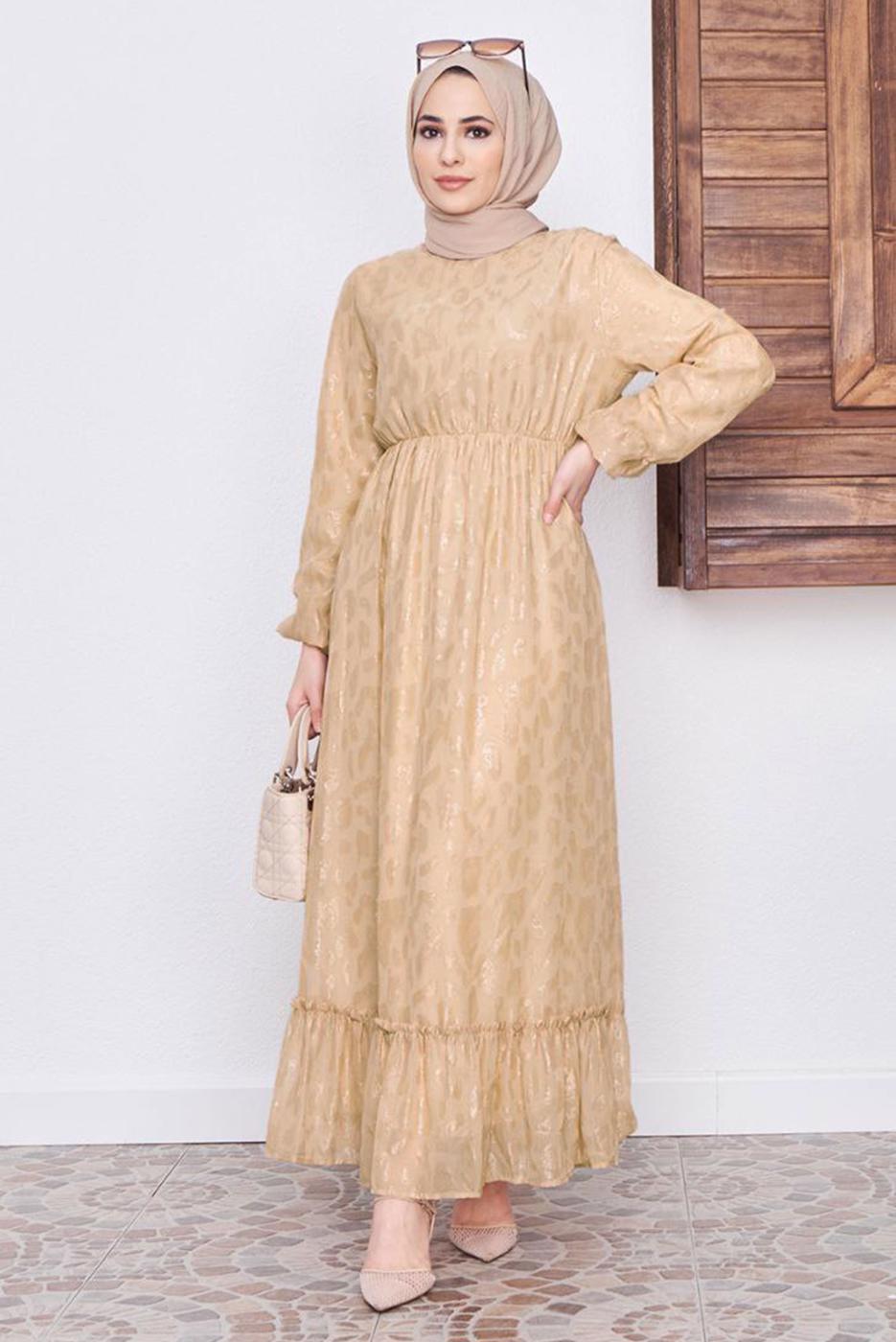 Tesettür giyim KAHVE DESENLİ SİMLİ ELBİSE 6601 