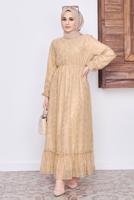 Tesettür giyim KAHVE DESENLİ SİMLİ ELBİSE 6601 
