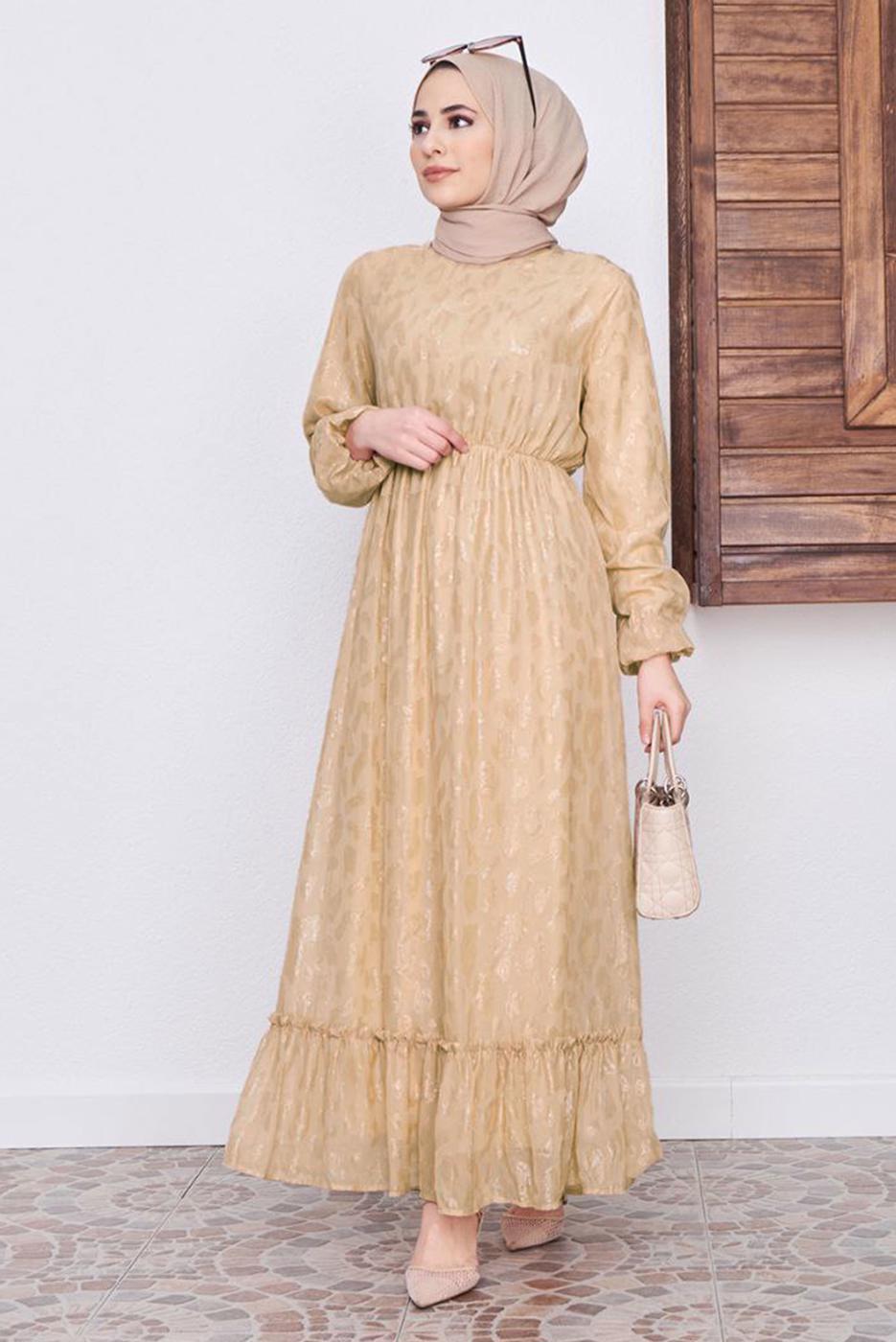 Tesettür giyim KAHVE DESENLİ SİMLİ ELBİSE 6601 