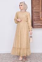 Tesettür giyim KAHVE DESENLİ SİMLİ ELBİSE 6601 