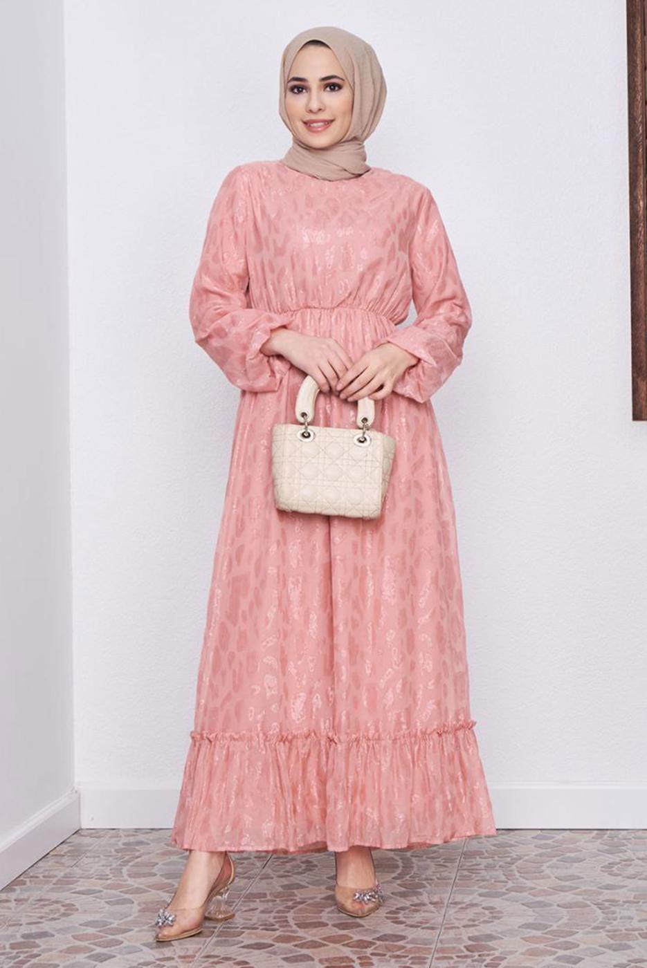 Tesettür giyim PEMBE DESENLİ SİMLİ ELBİSE 6601 