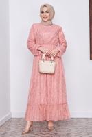 Tesettür giyim PEMBE DESENLİ SİMLİ ELBİSE 6601 