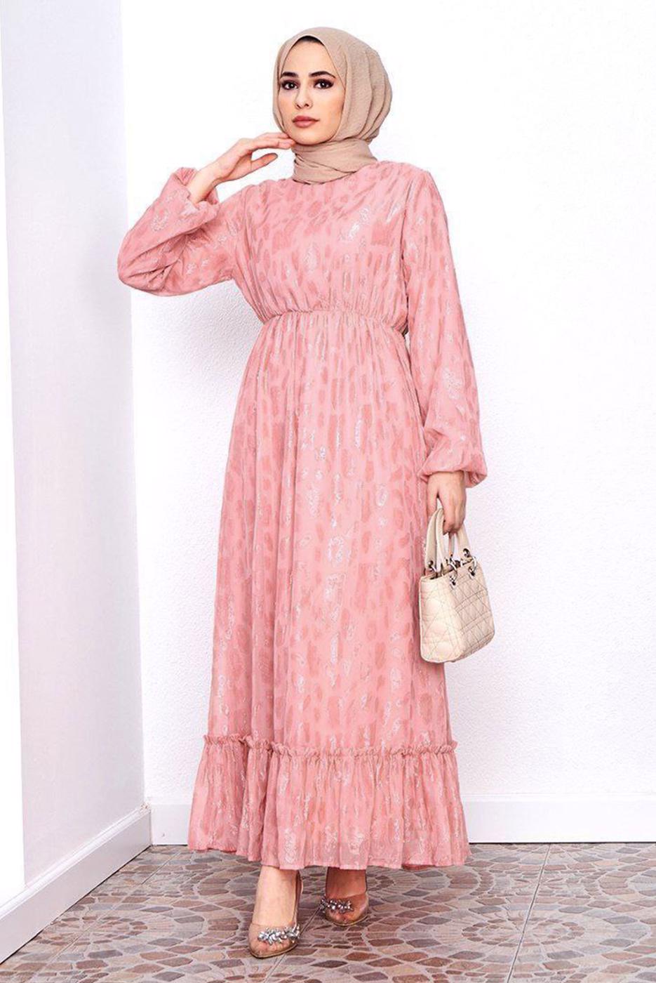 Tesettür giyim PEMBE DESENLİ SİMLİ ELBİSE 6601 