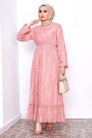 Tesettür giyim PEMBE DESENLİ SİMLİ ELBİSE 6601 