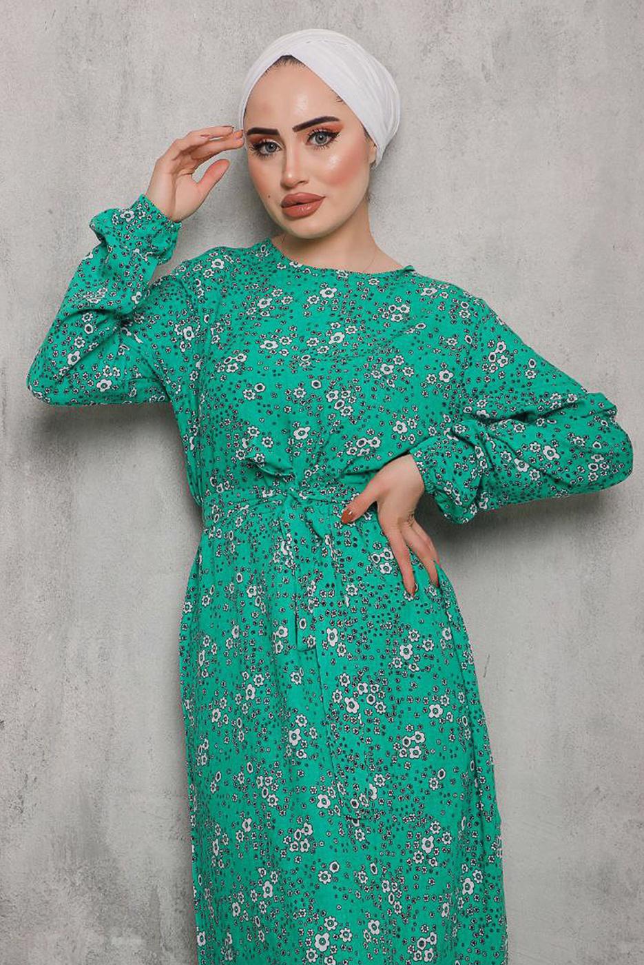 Tesettür giyim YEŞİL ÇİÇEK DESENLİ KUŞAKLI ELBİSE 6832 