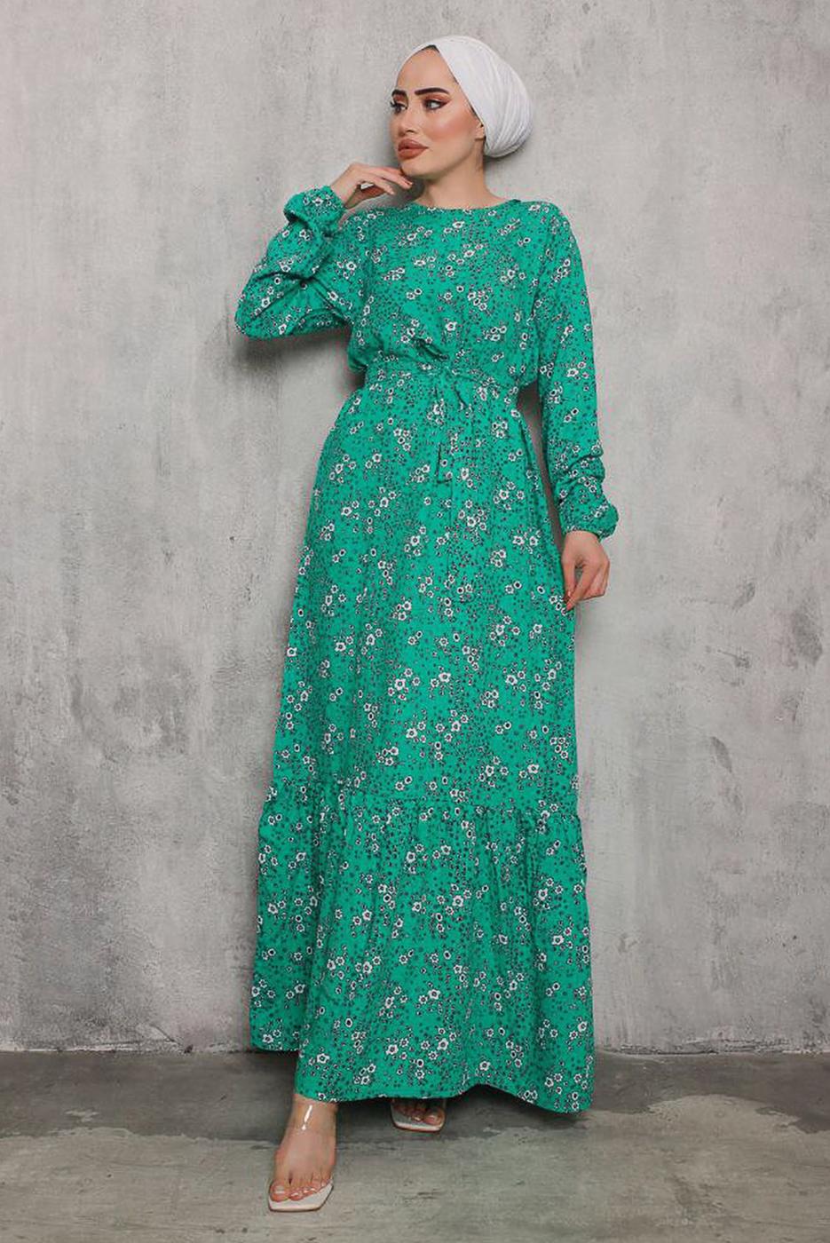 Tesettür giyim YEŞİL ÇİÇEK DESENLİ KUŞAKLI ELBİSE 6832 