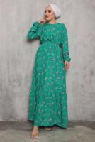 Tesettür giyim YEŞİL ÇİÇEK DESENLİ KUŞAKLI ELBİSE 6832 