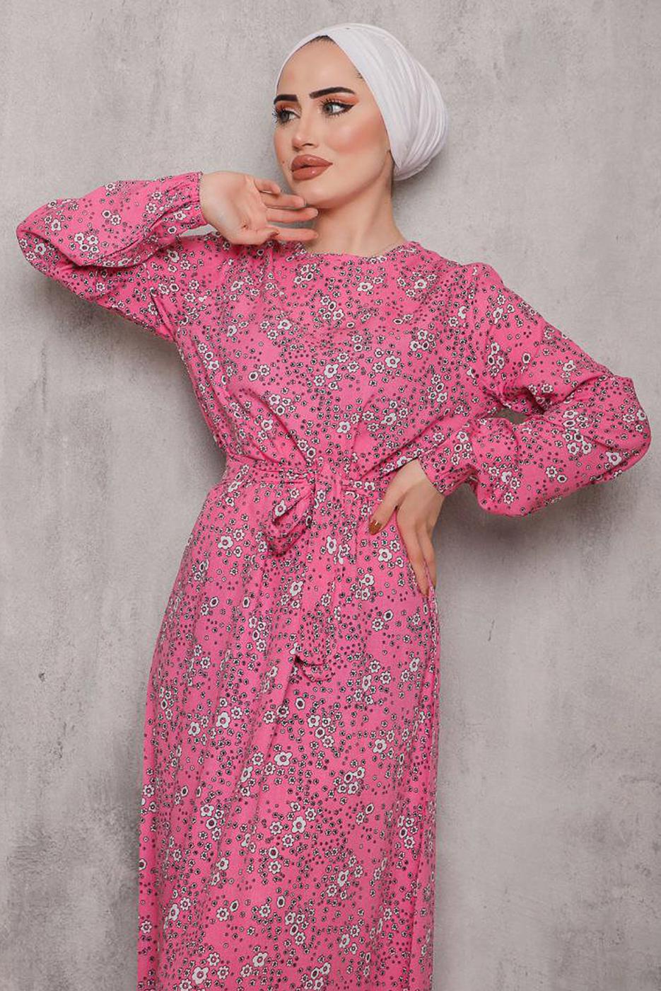 Vêtements hijab ROSE ROBE CEINTURÉE MOTIF FLEURI 6832