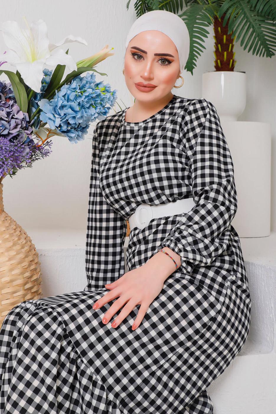 Tesettür giyim SİYAH PÖTİKARELİ KEMERLİ ELBİSE 6922 
