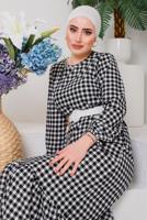 Tesettür giyim SİYAH PÖTİKARELİ KEMERLİ ELBİSE 6922 