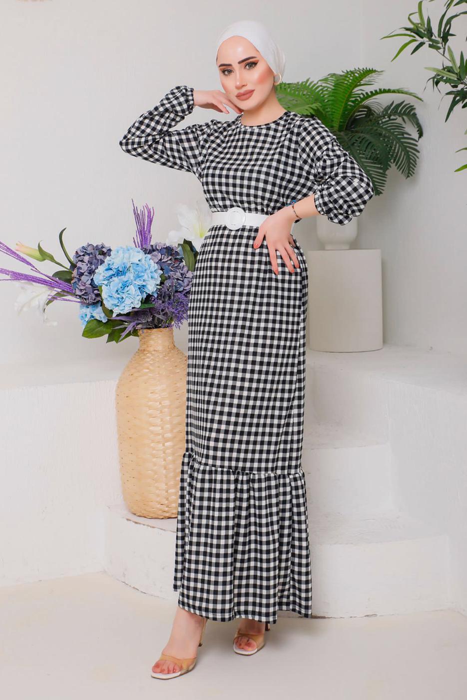 Tesettür giyim SİYAH PÖTİKARELİ KEMERLİ ELBİSE 6922 