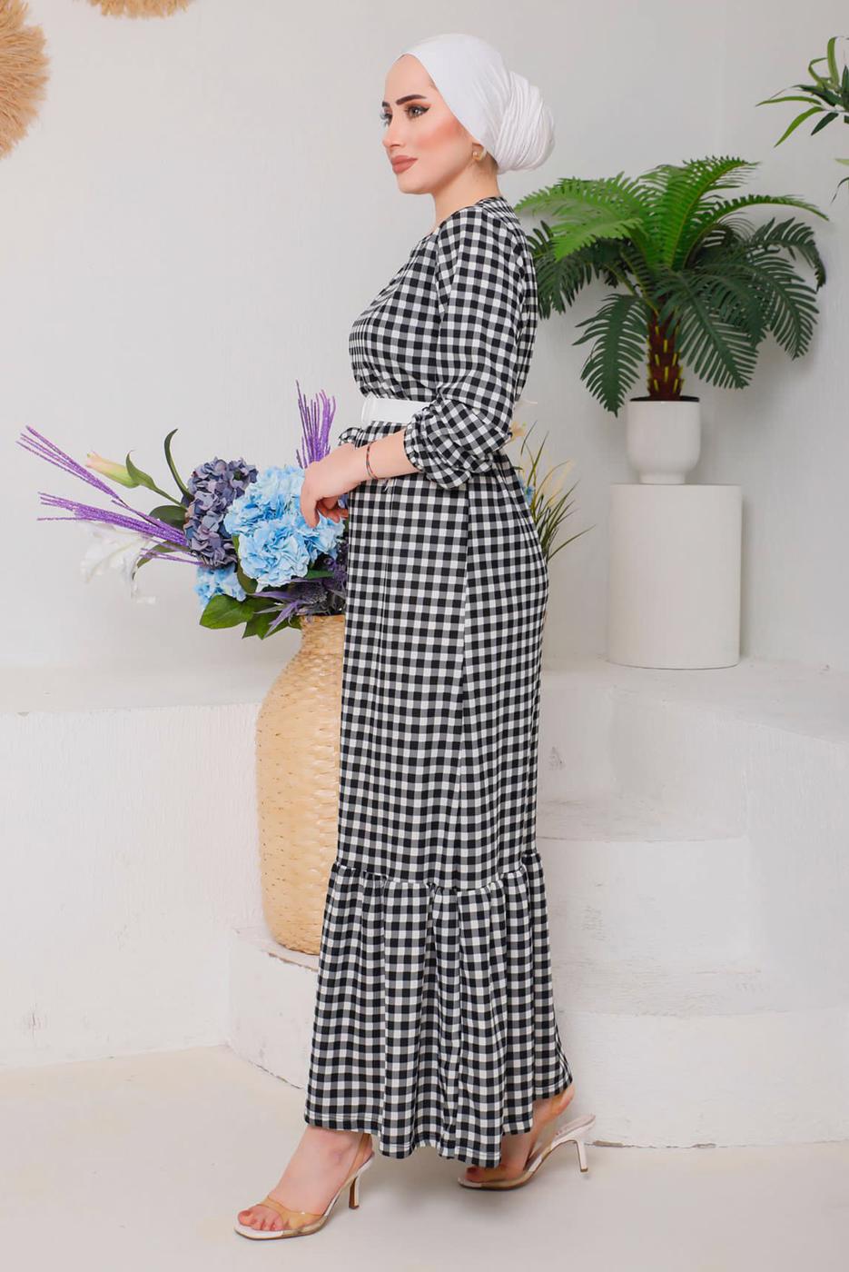 Tesettür giyim SİYAH PÖTİKARELİ KEMERLİ ELBİSE 6922 