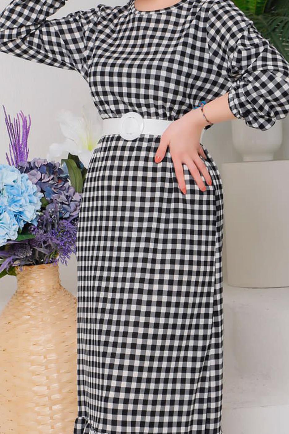 Tesettür giyim SİYAH PÖTİKARELİ KEMERLİ ELBİSE 6922 