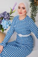 Tesettür giyim MAVİ PÖTİKARELİ KEMERLİ ELBİSE 6922 