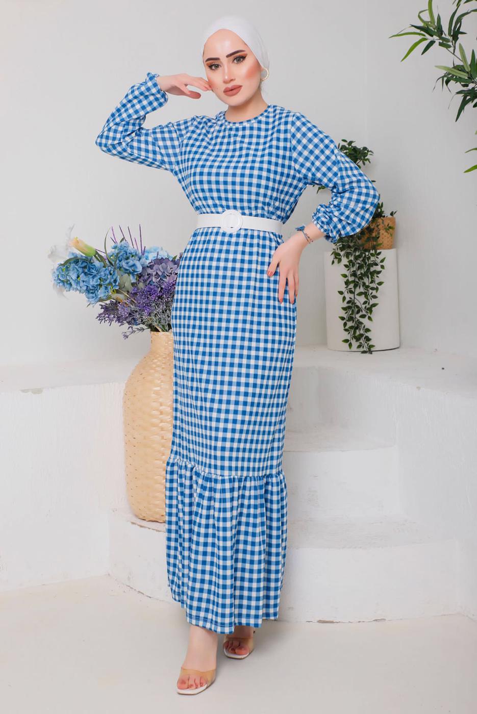 Tesettür giyim MAVİ PÖTİKARELİ KEMERLİ ELBİSE 6922 