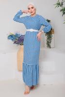 Tesettür giyim MAVİ PÖTİKARELİ KEMERLİ ELBİSE 6922 