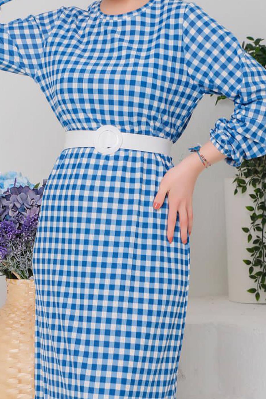 Tesettür giyim MAVİ PÖTİKARELİ KEMERLİ ELBİSE 6922 