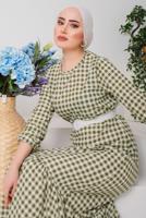 Tesettür giyim YEŞİL PÖTİKARELİ KEMERLİ ELBİSE 6922 