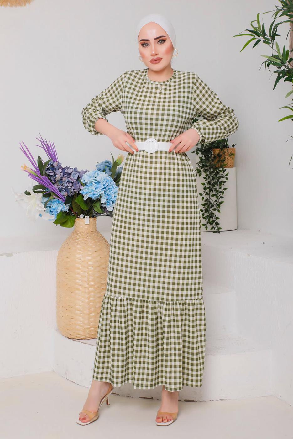 Tesettür giyim YEŞİL PÖTİKARELİ KEMERLİ ELBİSE 6922 