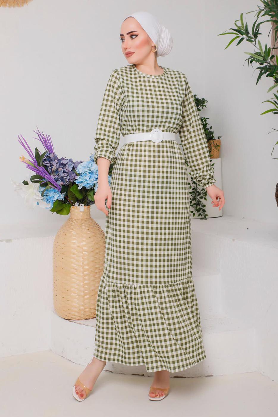 Tesettür giyim YEŞİL PÖTİKARELİ KEMERLİ ELBİSE 6922 