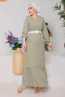 Tesettür giyim YEŞİL PÖTİKARELİ KEMERLİ ELBİSE 6922 