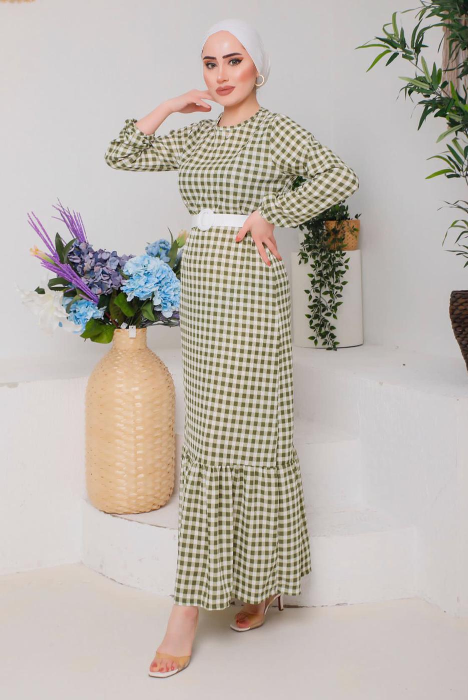 Tesettür giyim YEŞİL PÖTİKARELİ KEMERLİ ELBİSE 6922 