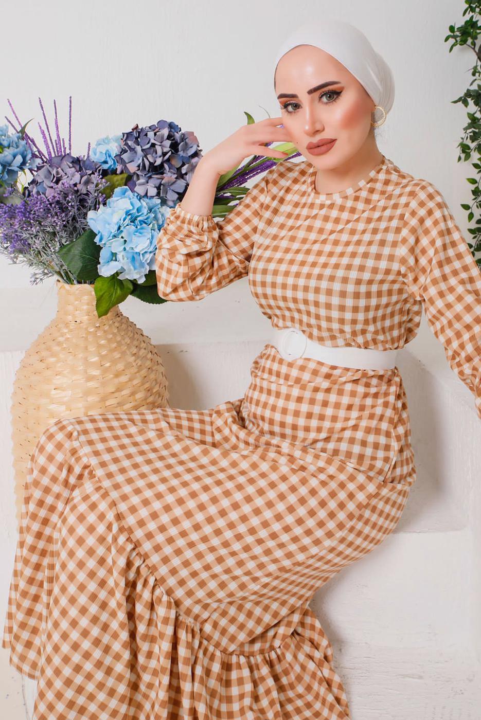 Tesettür giyim BEJ PÖTİKARELİ KEMERLİ ELBİSE 6922 