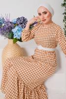 Tesettür giyim BEJ PÖTİKARELİ KEMERLİ ELBİSE 6922 