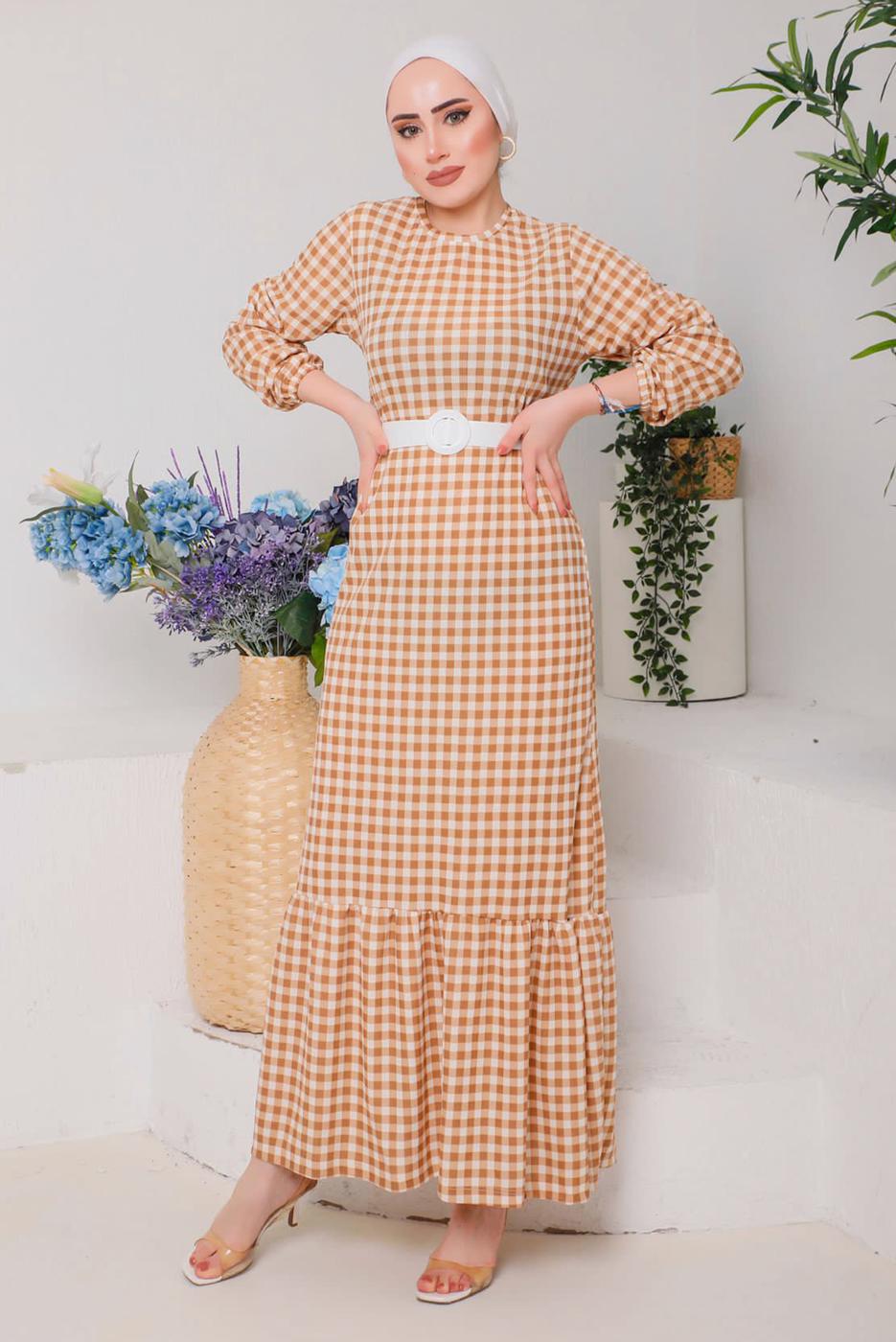 Tesettür giyim BEJ PÖTİKARELİ KEMERLİ ELBİSE 6922 