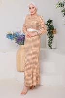 Tesettür giyim BEJ PÖTİKARELİ KEMERLİ ELBİSE 6922 