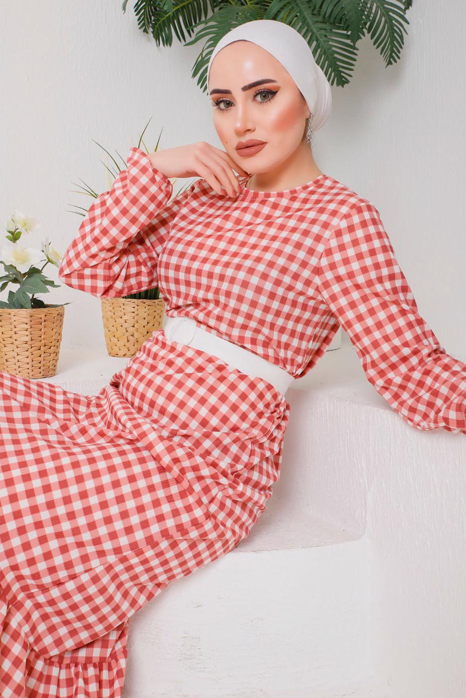 Tesettür giyim KAHVE PÖTİKARELİ KEMERLİ ELBİSE 6922 