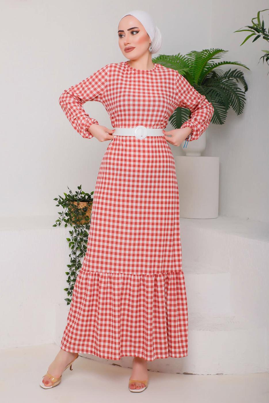 Tesettür giyim KAHVE PÖTİKARELİ KEMERLİ ELBİSE 6922 