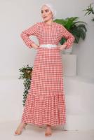 Tesettür giyim KAHVE PÖTİKARELİ KEMERLİ ELBİSE 6922 