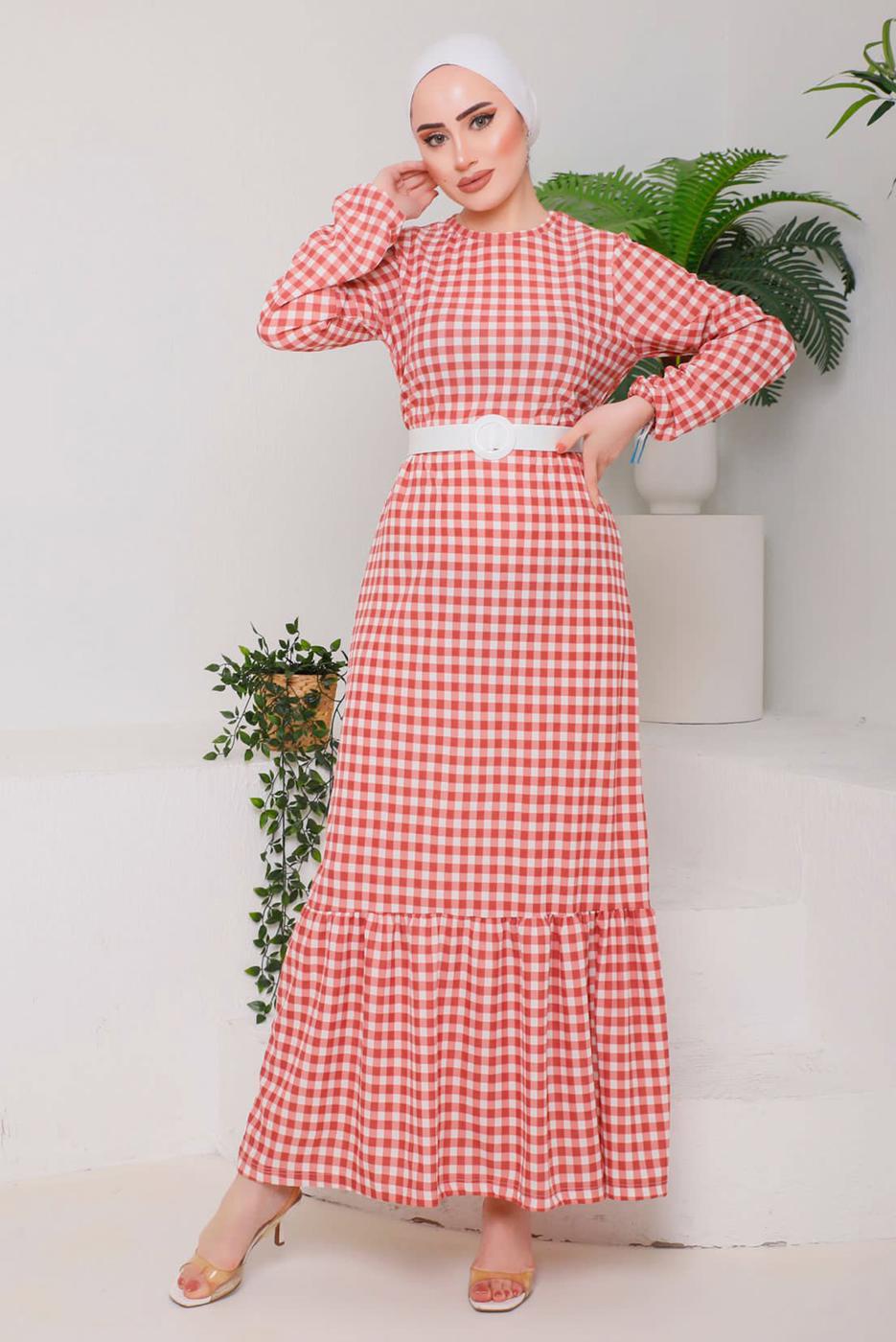 Tesettür giyim KAHVE PÖTİKARELİ KEMERLİ ELBİSE 6922 