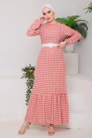 Tesettür giyim KAHVE PÖTİKARELİ KEMERLİ ELBİSE 6922 