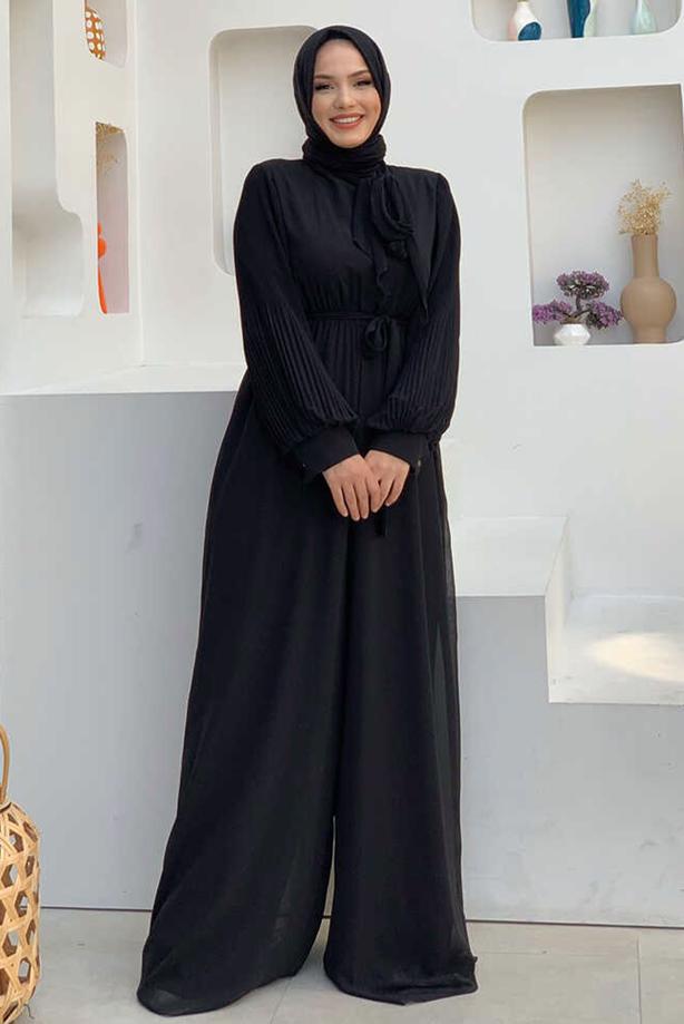 Tesettür giyim  KOLLARI PİLİSELİ KUŞAKLI TULUM T 7053 - TRENDTESETTÜR