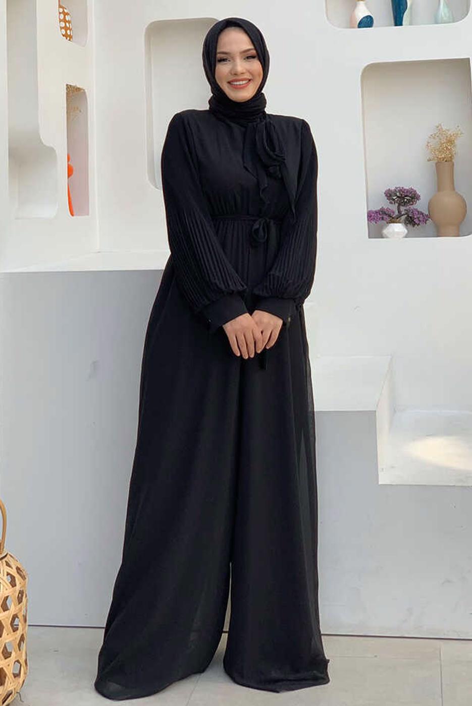 Tesettür giyim SİYAH KOLLARI PİLİSELİ KUŞAKLI TULUM T 7053