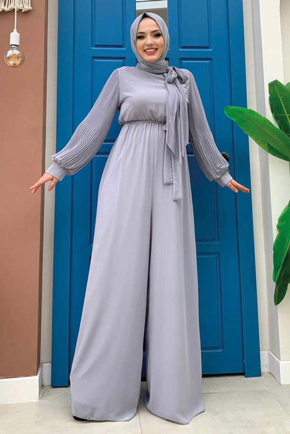 Tesettür giyim GRİ KOLLARI PİLİSELİ KUŞAKLI TULUM T 7053