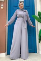 Tesettür giyim GRİ KOLLARI PİLİSELİ KUŞAKLI TULUM T 7053
