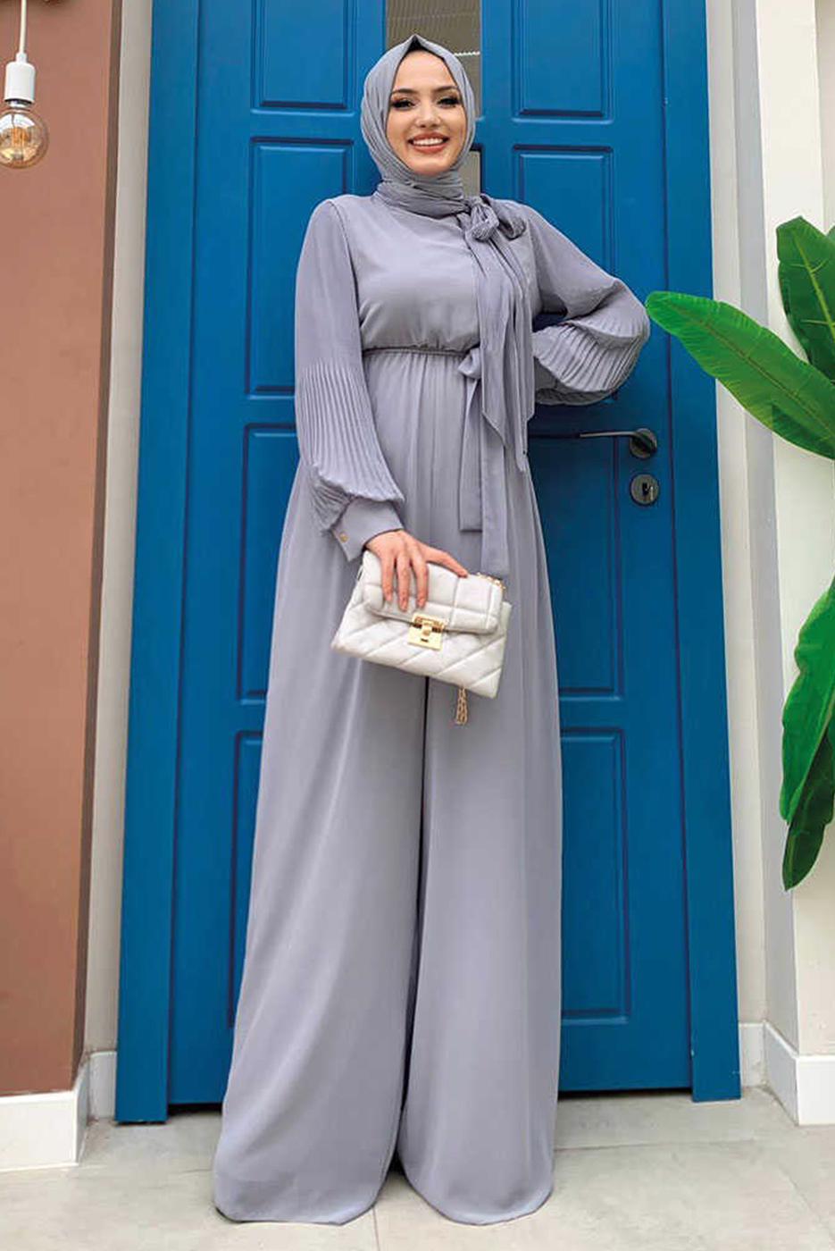 Tesettür giyim GRİ KOLLARI PİLİSELİ KUŞAKLI TULUM T 7053