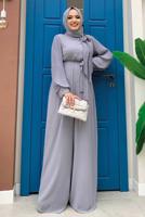 Tesettür giyim GRİ KOLLARI PİLİSELİ KUŞAKLI TULUM T 7053