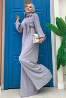 Tesettür giyim GRİ KOLLARI PİLİSELİ KUŞAKLI TULUM T 7053