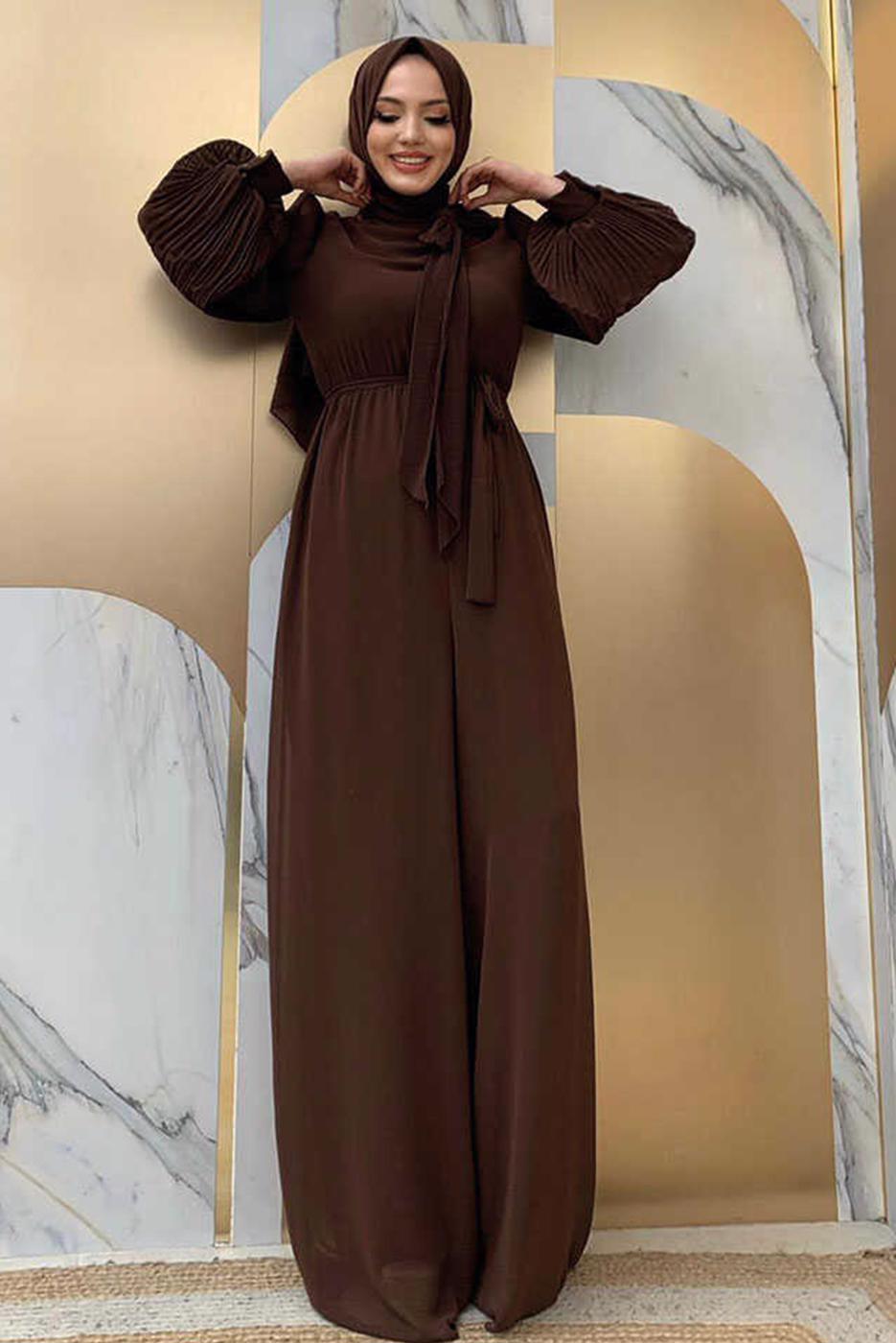 Tesettür giyim KAHVE KOLLARI PİLİSELİ KUŞAKLI TULUM T 7053