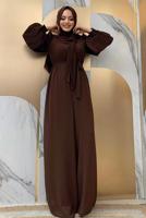 Tesettür giyim KAHVE KOLLARI PİLİSELİ KUŞAKLI TULUM T 7053