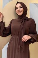 Tesettür giyim KAHVE KOLLARI PİLİSELİ KUŞAKLI TULUM T 7053