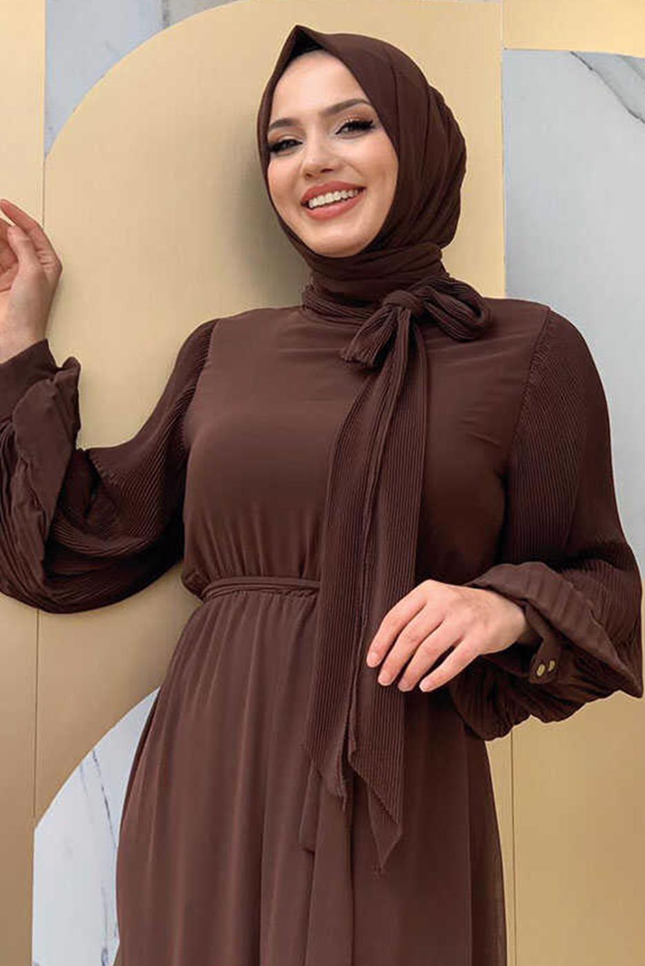 Tesettür giyim KAHVE KOLLARI PİLİSELİ KUŞAKLI TULUM T 7053