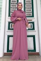 Tesettür giyim PUDRA KOLLARI PİLİSELİ KUŞAKLI TULUM T 7053