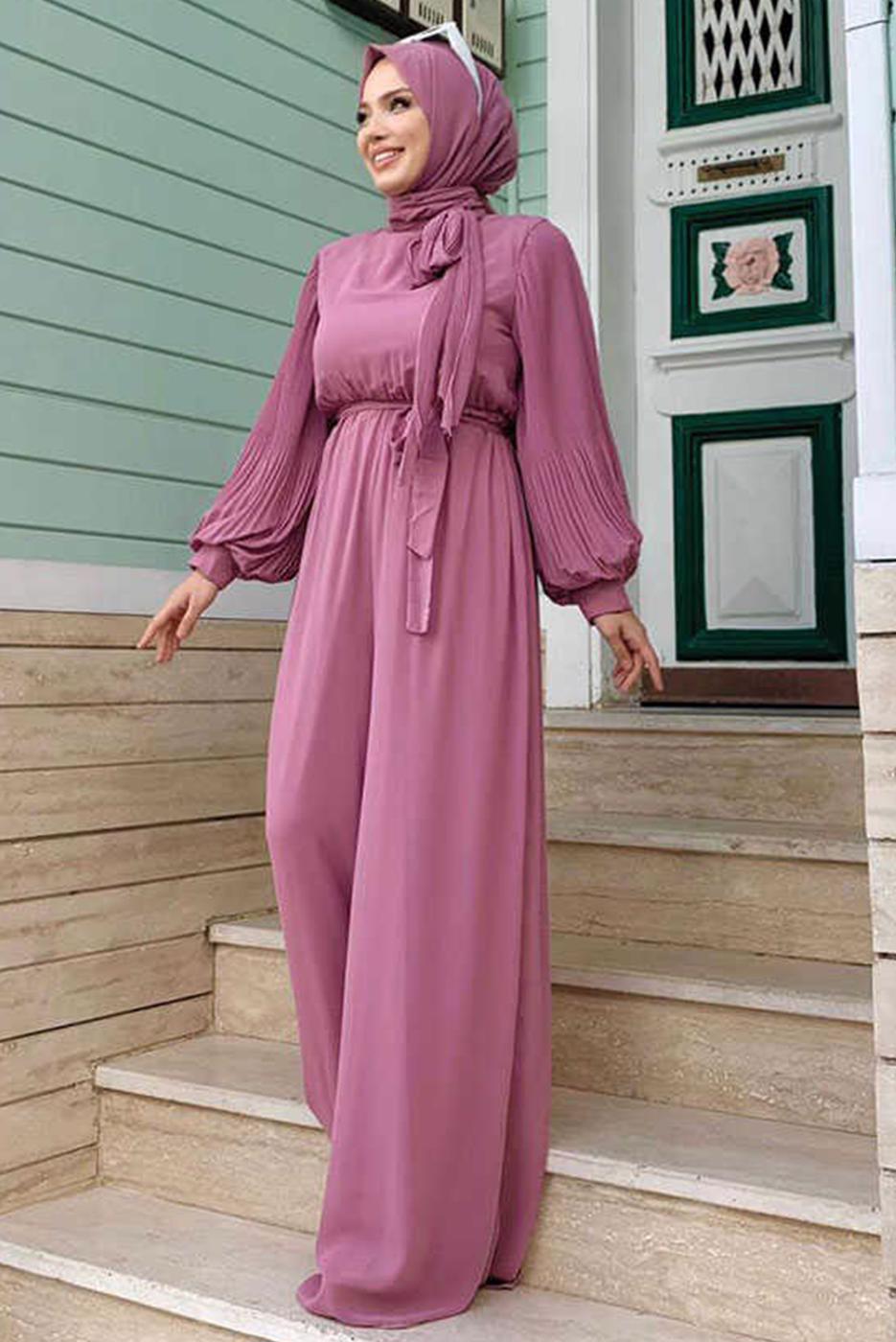 Tesettür giyim PUDRA KOLLARI PİLİSELİ KUŞAKLI TULUM T 7053