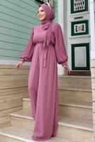 Tesettür giyim PUDRA KOLLARI PİLİSELİ KUŞAKLI TULUM T 7053